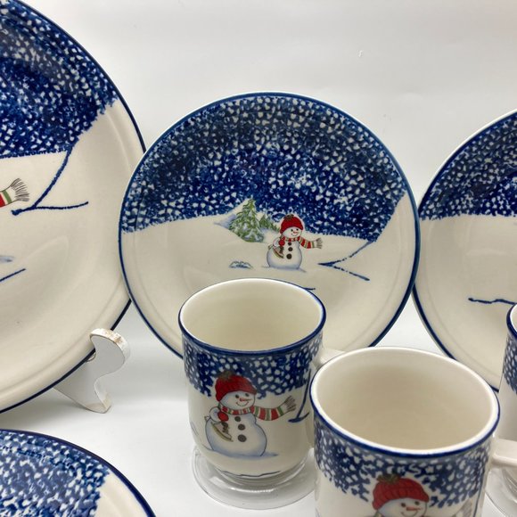 VTG 18 pcs Thomson Pottery Snowman Christmas Spongeware Dinnerware & Drinkware - Picture 10 of 14